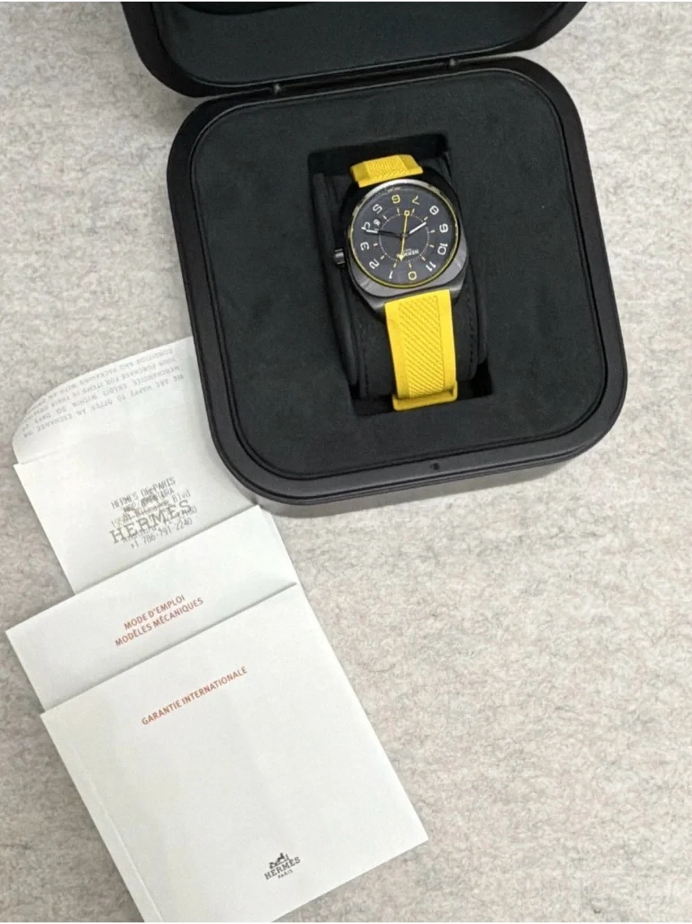 Hermès H08 Automatic 39mm Titanium Black Dial Yellow Rubber Strap Box Papers